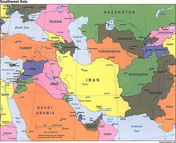 Southwest and central asia physical map